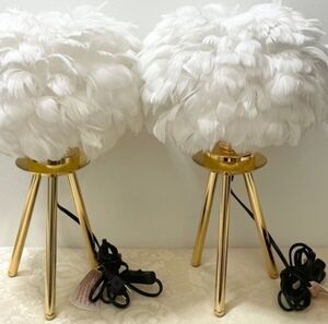 2)White Feather Table Lamps with Gold Base